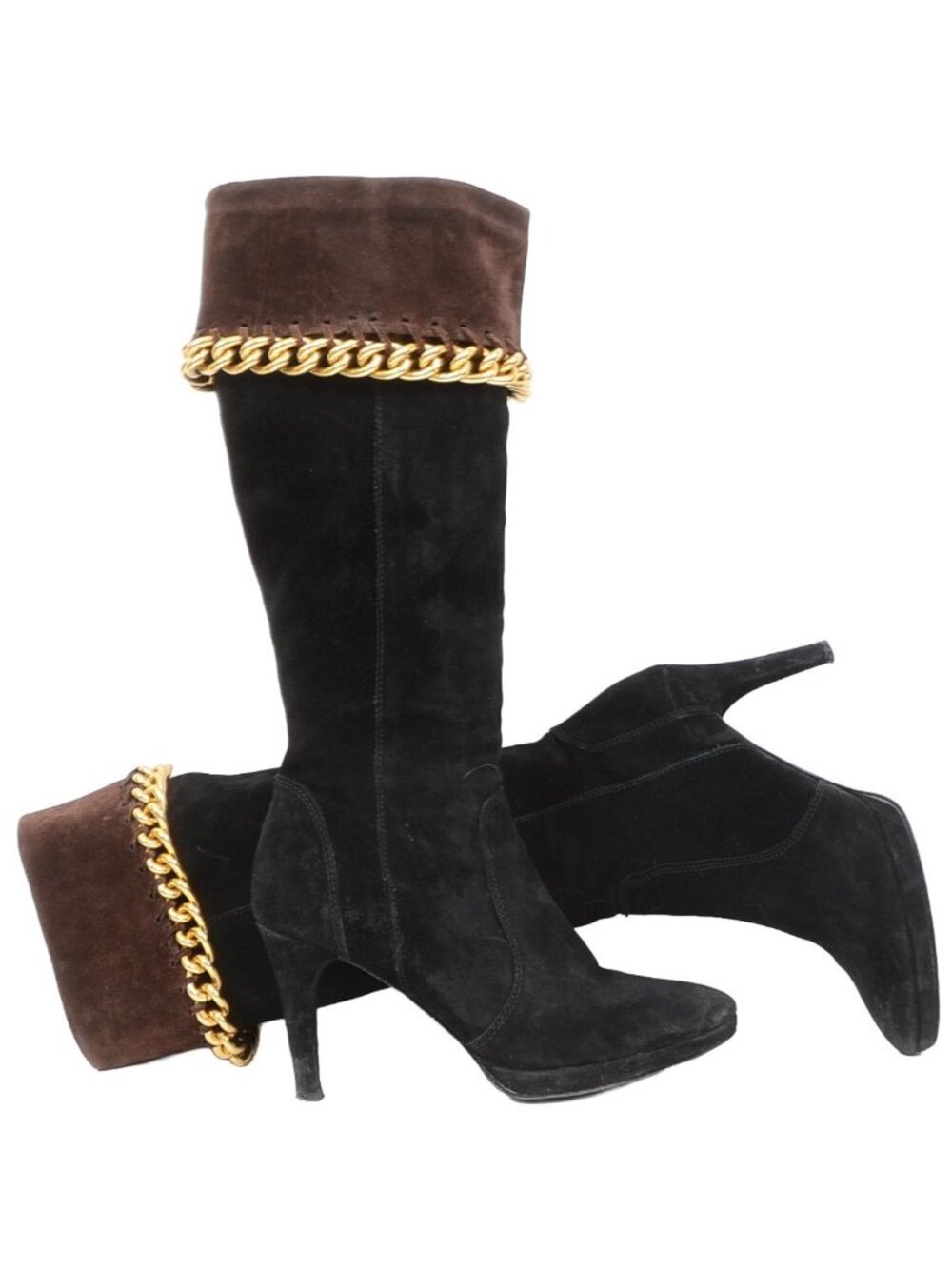 Carisma Italian Womens 9.5 Black Brown Suede Knee Leather Boots Gold Chain Heels